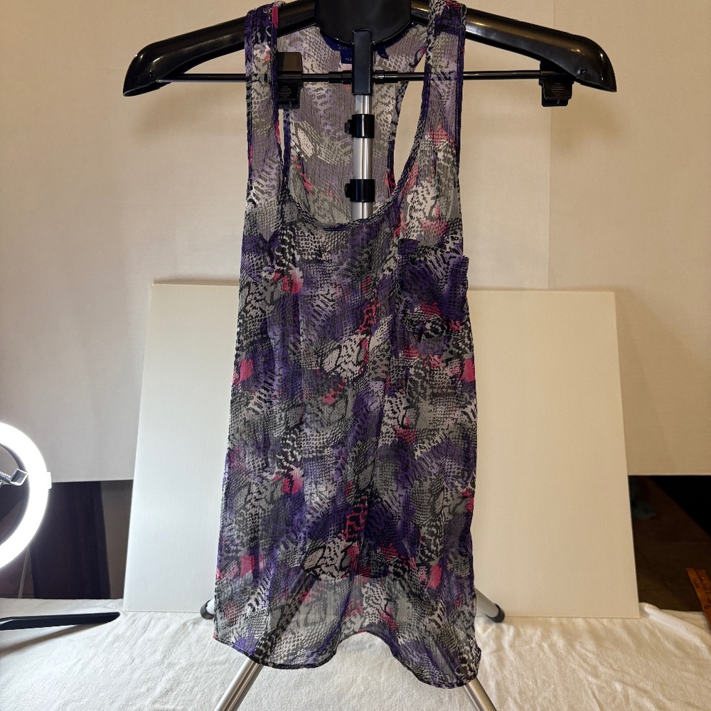 Miley Cyrus Max Azria Womens Razorback Tank Top Sz XS Snake Purple Gray Sheer